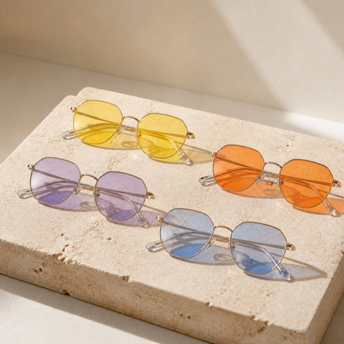 Lentes con armazón dorado y micas amarillas, naranjas, moradas y azules sobre piedra