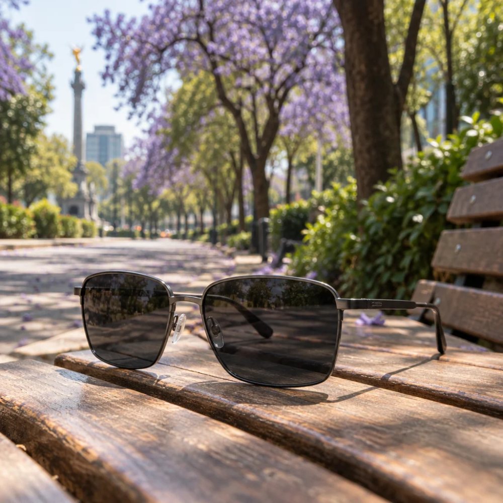 Lentes con micas oscurecidas por el sol sobre una banca, en una avenida con jacarandas