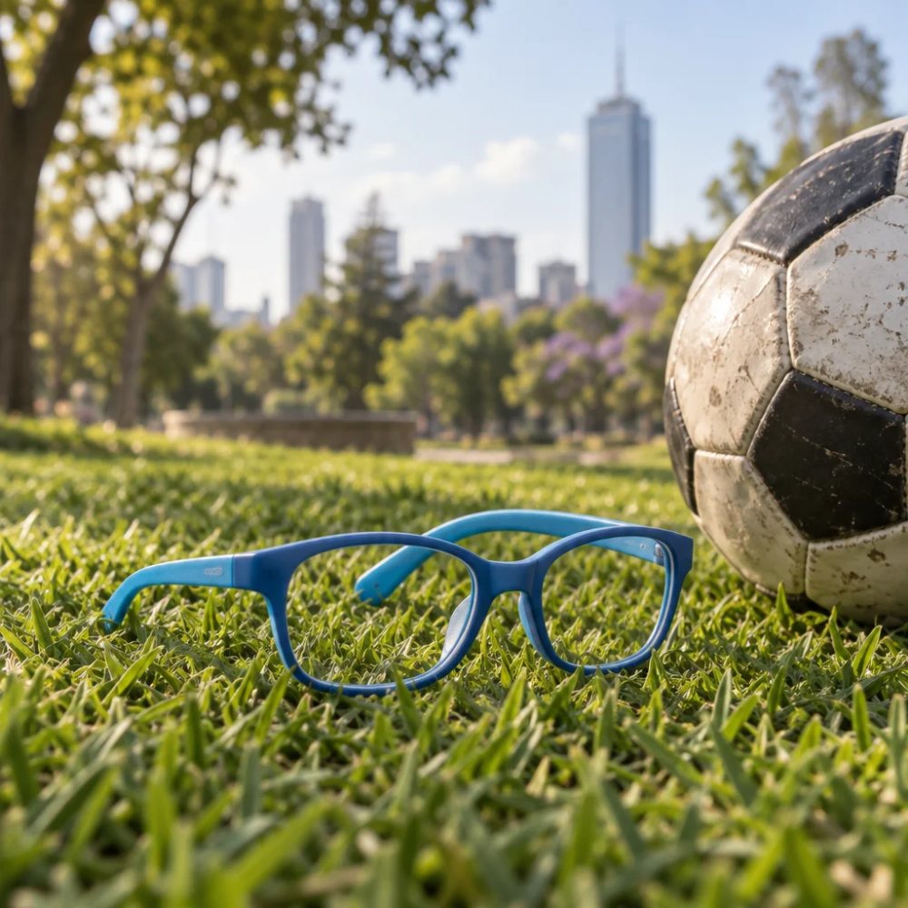 Lentes infantiles azules junto a un balón de futbol en el pasto de un parque