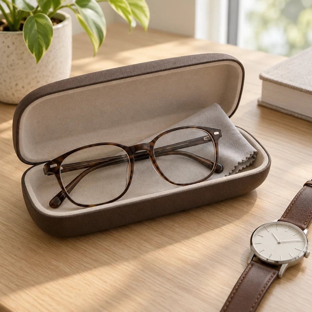 Lentes graduados nuevos en su estuche con microfibra, junto a un reloj