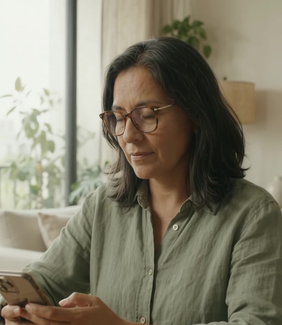 Mujer de unos 50 años leyendo su celular con lentes progresivos de armazón carey